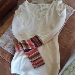 Others Follow Cream Long Sleeve Top with Multicolor Striped Sleeves